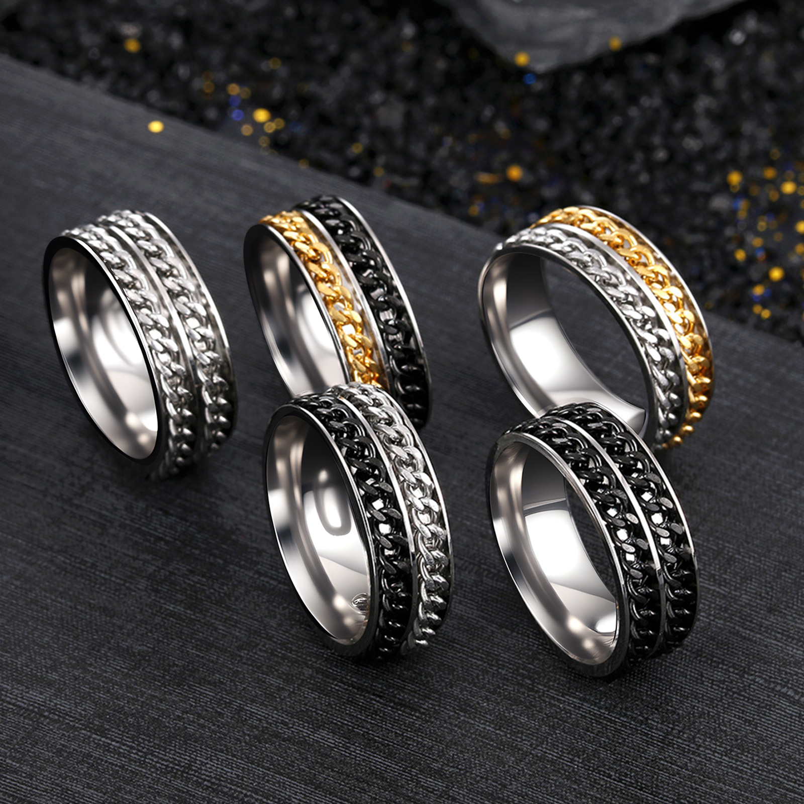 Factory direct sales of men's titanium steel double-chain rotating rings, cross-border rotating stress-relieving accessories, cross-border jewelry wholesale Specification image