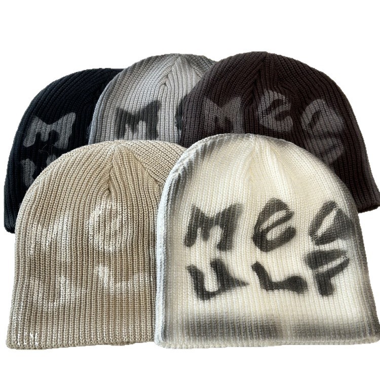 Hip-hop hat, rabbit fur, versatile knitted hat for autumn and winter, trendy Japanese style, sweet and cute, warm headpiece, cold hat with letters Item Picture