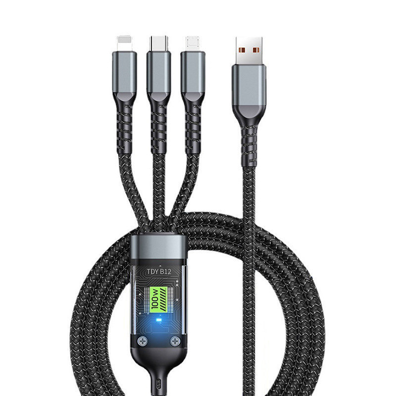 Estilo explosivo tarjeta media transparente one drag triple cable de datos trenzado luminoso 100W super rápido cargador multi-cabezal 3 en 1 cable de teléfono Item Picture
