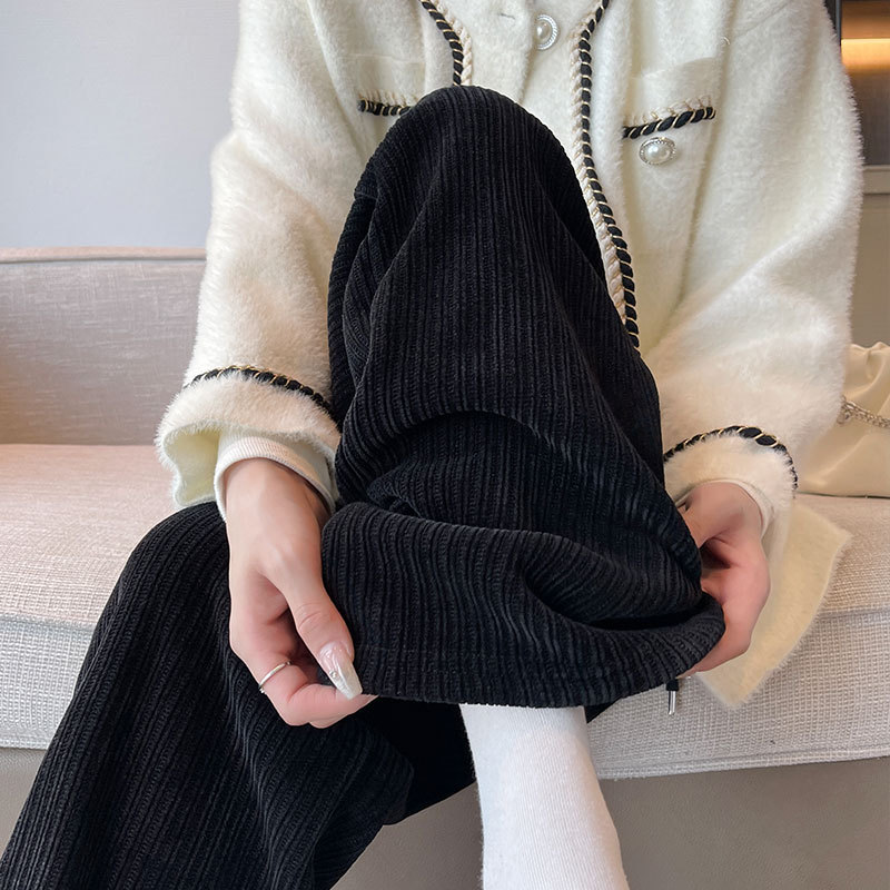 Chenille wide-leg women's pants for Autumn and Winter 2025 new style, casual and drape black fleece straight-leg corduroy pants Specification drawing