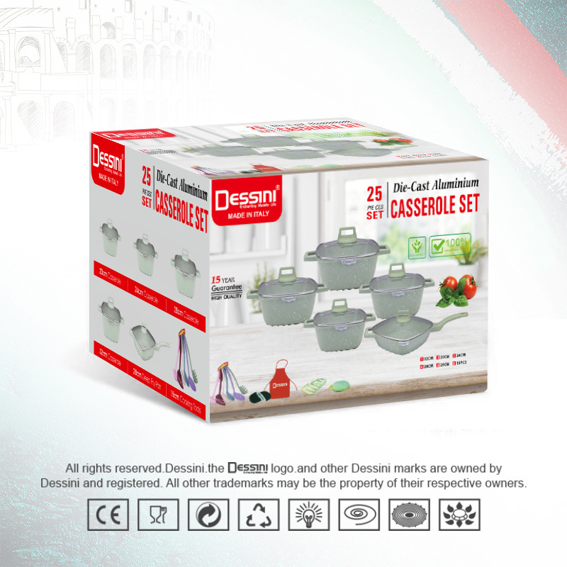 dessini25件套不粘锅方形条纹压铸铝锅麦饭石锅厨房组合锅具套装白底实物图