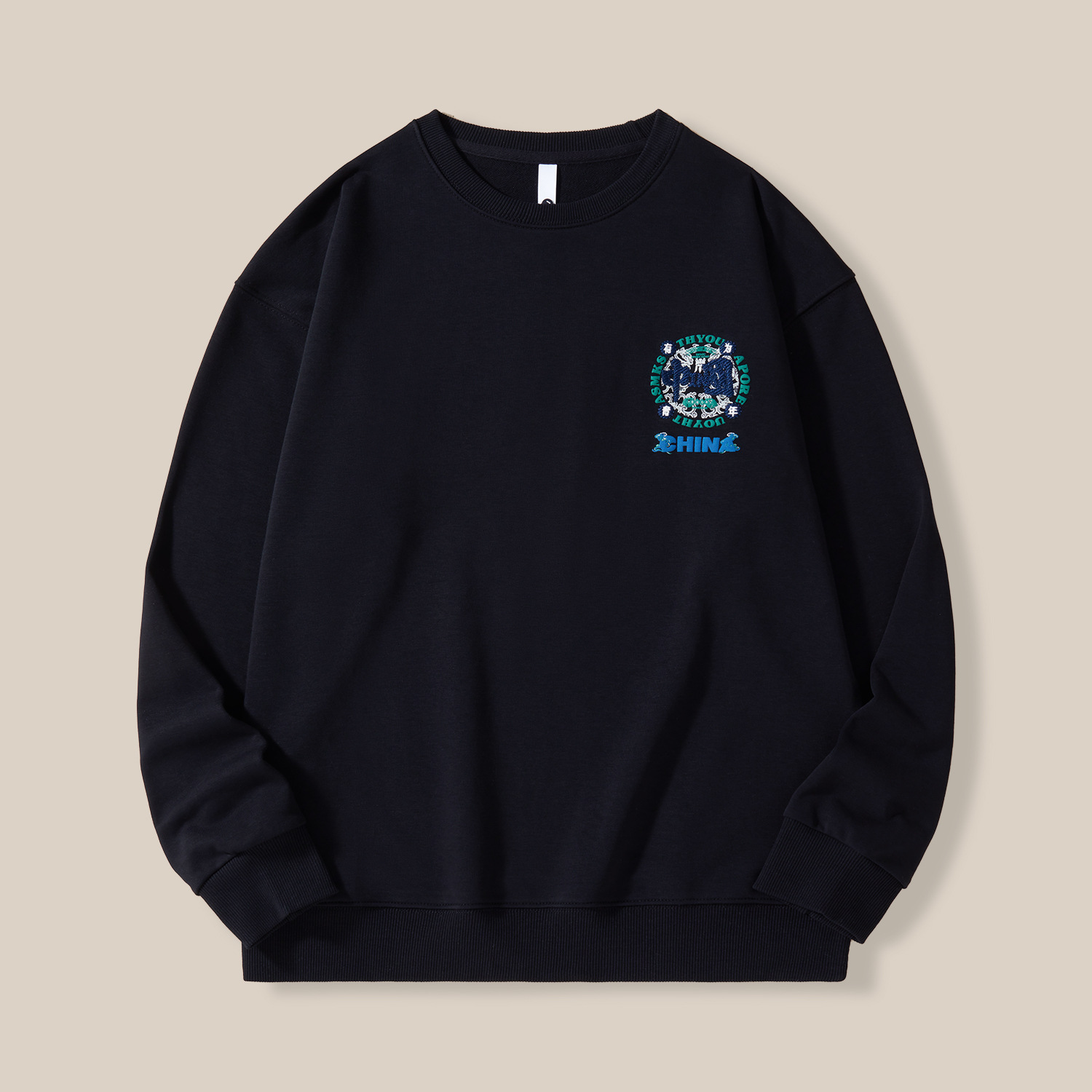 ins trendy brand, Chinese-style embroidered sweatshirt for men, loose-fitting, large-sized men's jacket with round neck, one-piece delivery details Picture
