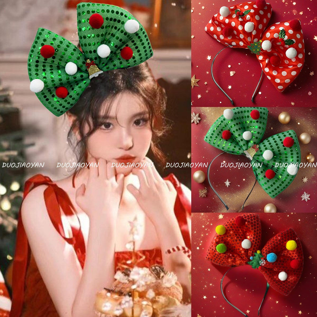 A new, oversized and exaggerated red bow headband, a three-dimensional and sweet hair accessory, and a green Christmas photo headband for women full figure