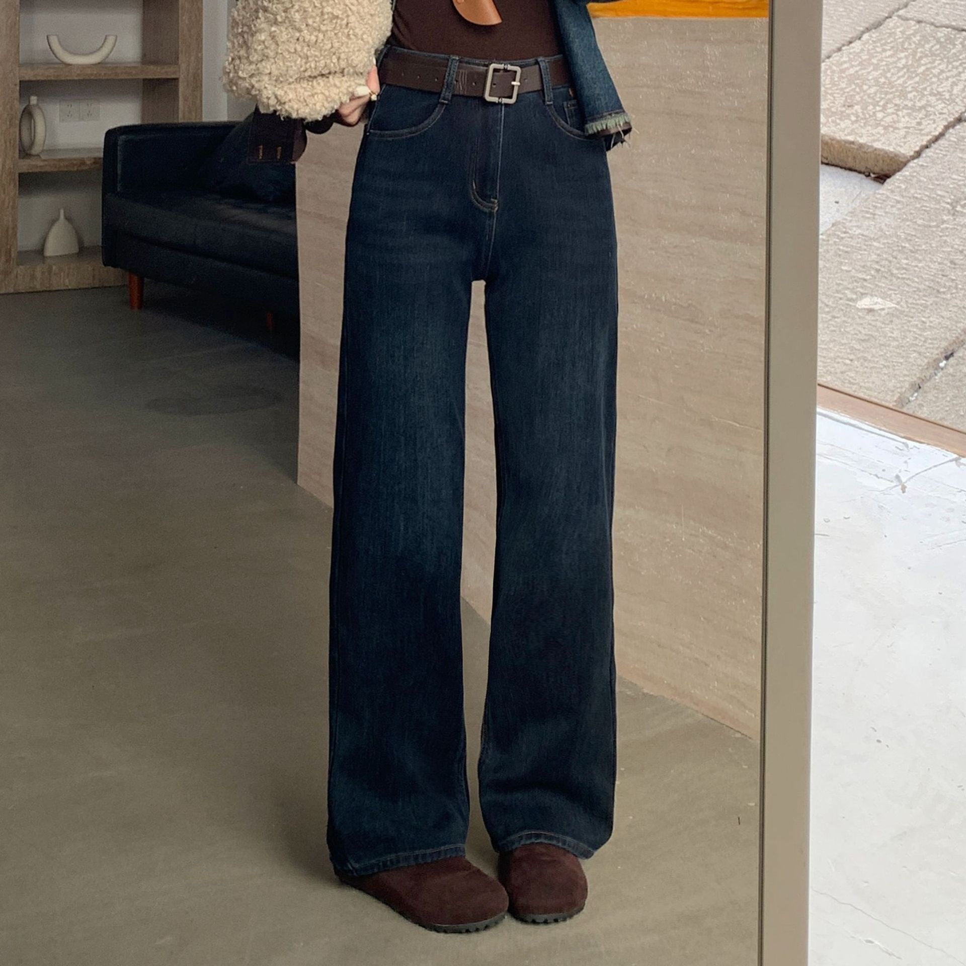 25冬新款休闲百搭直筒垂感深蓝色水洗高腰阔腿加绒牛仔裤女22690