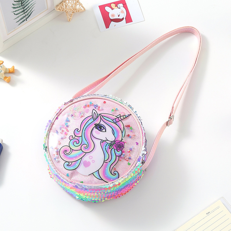 Glitter Rainbow Pink waist bag, Sequined backpack, Unicorn crossbody bag, Children and girls, student single-shoulder bag, Iridery color details Picture