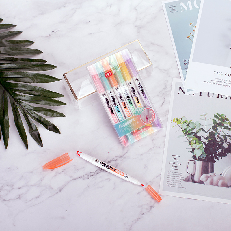 The visible window highlighter, crystal pen tip, student key marking, macaron transparent head, 6-color double-headed highlighter Specification drawing
