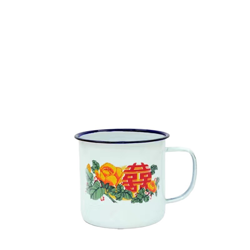 Old-fashioned enamel covered flower happiness character cup, tea pot, tea brewing cup, wedding flower happiness enamel cup, office drinking cup Item Picture