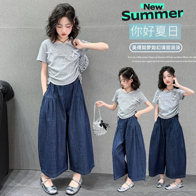 Girls' Summer Set 2026 New Style Children's Stylish pure cotton short-sleeved T-shirt, Big kids' top, denim wide-leg pants Specification image