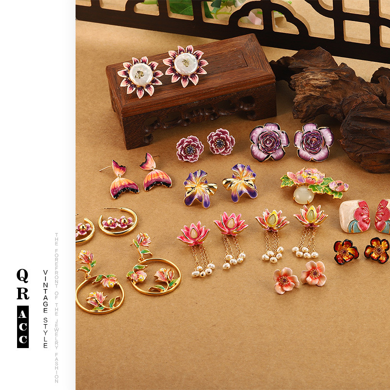 复古花朵流苏珍珠耳环新款立体荷花气质珐琅彩滴油耳钉气质女耳饰