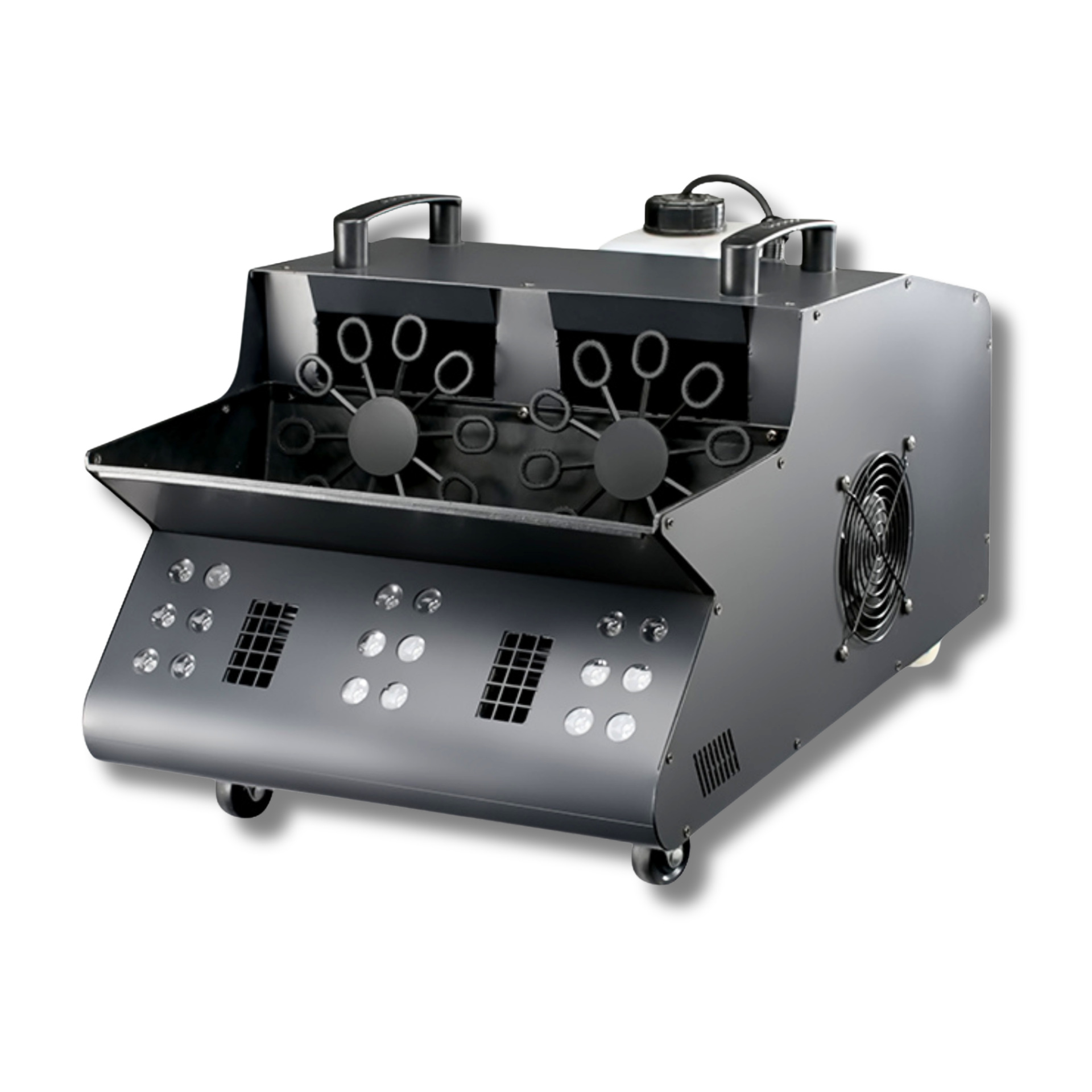 Cross-border LED smoke bubble machine 1500W Open atmosphere stage wedding bar party Outdoor commercial performance dual-wheel remote control smoke bubble machine Atmosphere fog bubble machine Item Picture