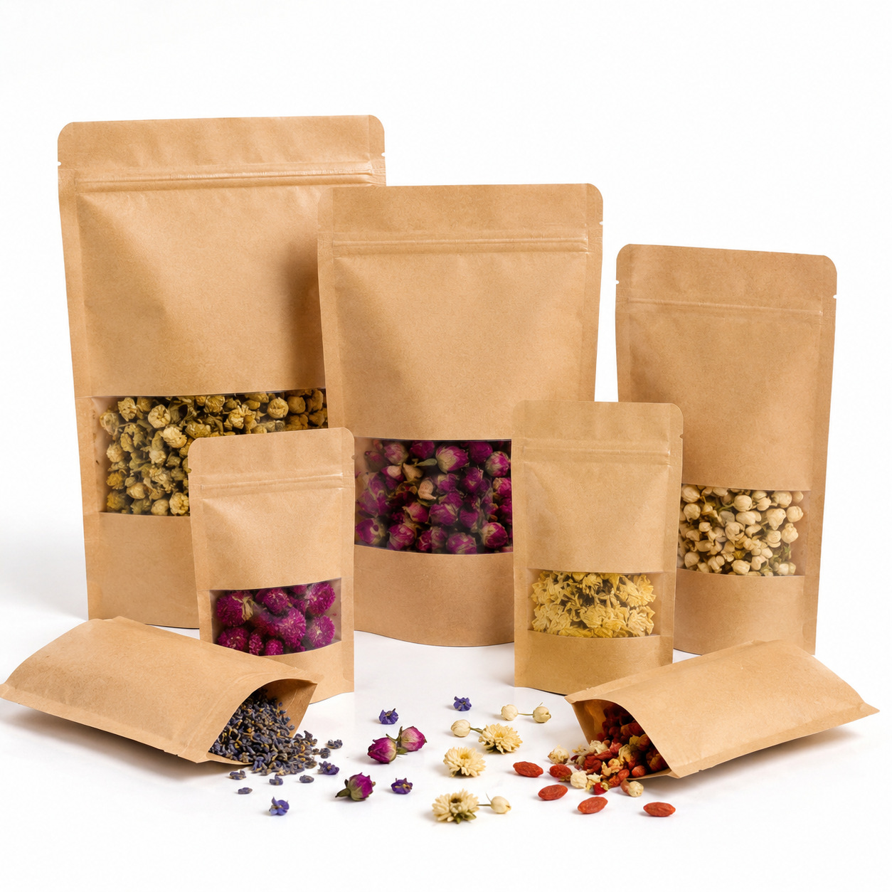 Customized window-opening self-standing kraft paper bags, self-sealing bags, thickened self-standing sealing transparent packaging bags for tea and food Item Picture