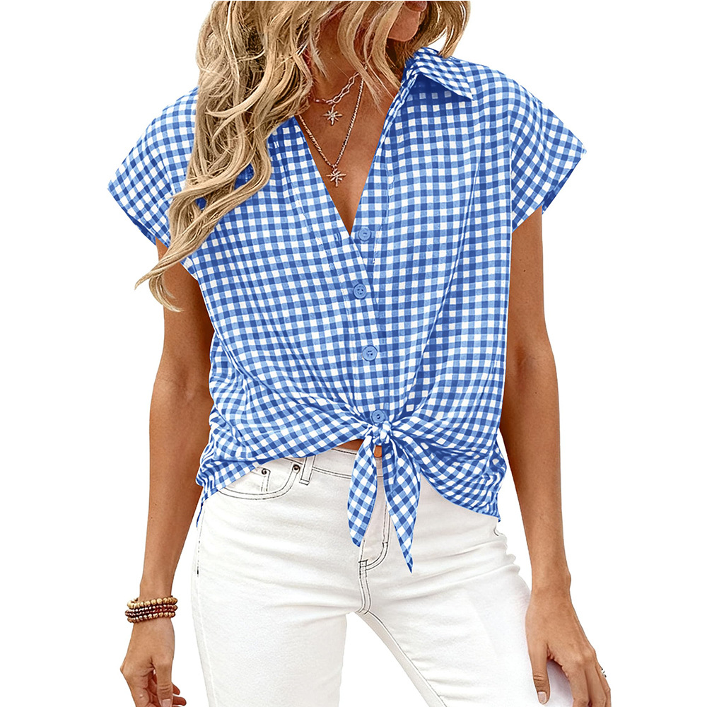 Cross-border Amazon beauty 2026 Summer New style Casual button short-sleeved casual loose checkered shirt Specification drawing