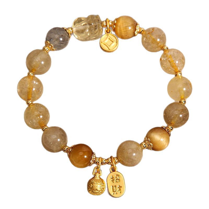 Natural gold rutile crystal moonstone bracelet, female gold-swallowing beast yellow tiger's eye yellow rutile bracelet for your girlfriend and best friend Item Picture