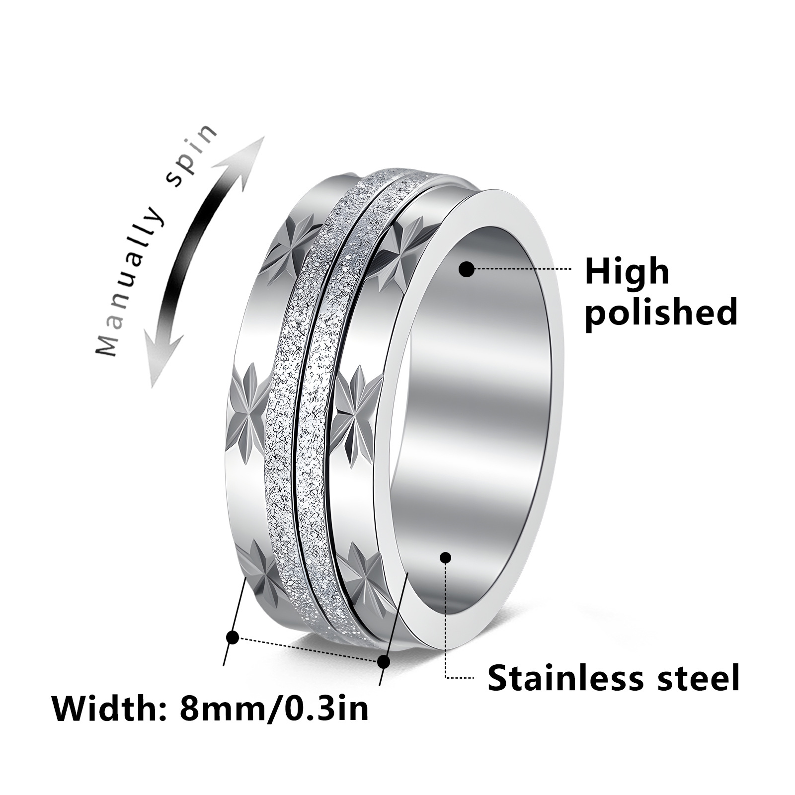 Wholesale of new Amazon European and American 8mm rotatable stress-relieving jewelry, sand-faced titanium steel women's ring and jewelry Item Picture