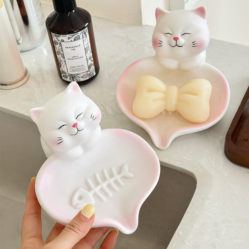 猫咪肥皂盒香皂盒置物架卫生间家用不积水皂碟托洗手台装饰摆设