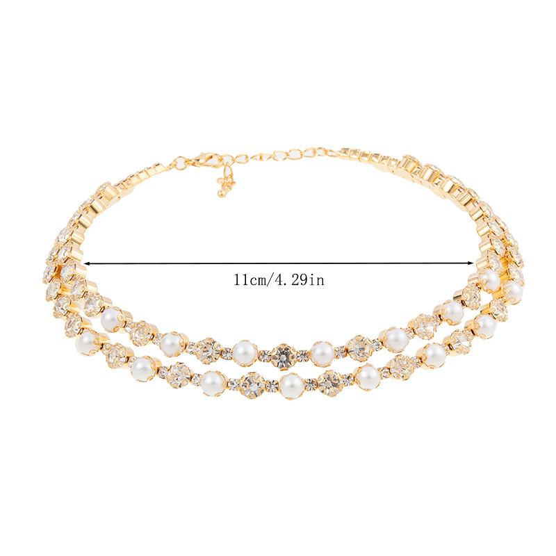 Cross-border European and American trend necklaces, full diamonds and rhinestones, two rows of pearl elastic , bride wedding dress accessories, exquisite diamond-encrusted, adjustable opening necklaces wholesale Specification drawing