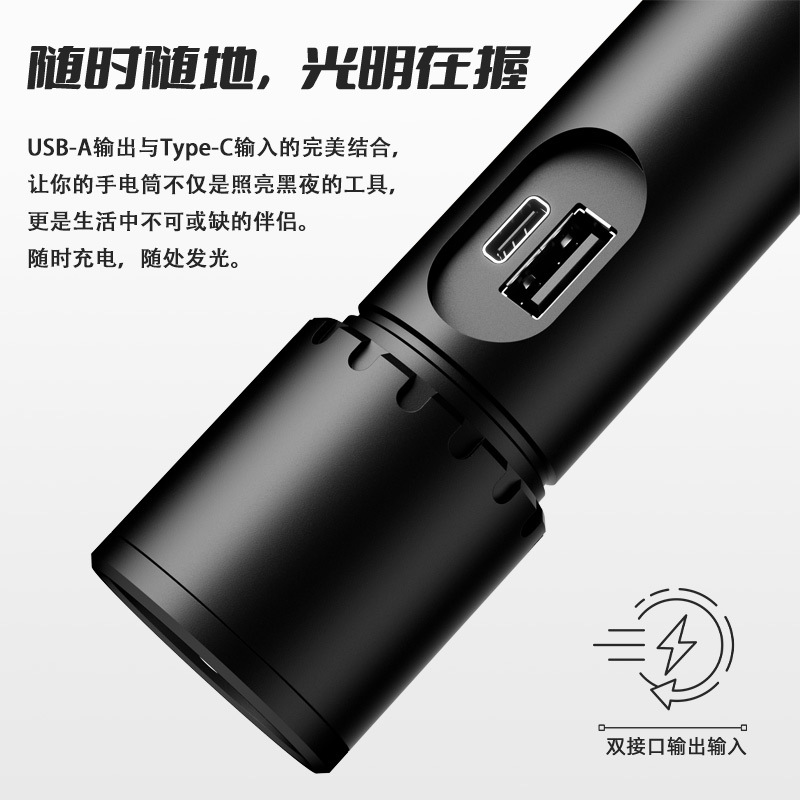 The new cross-border white laser dual-source flashlight Type-C is rechargeable, retractable, zooming and long-range flashlight Application Scenario