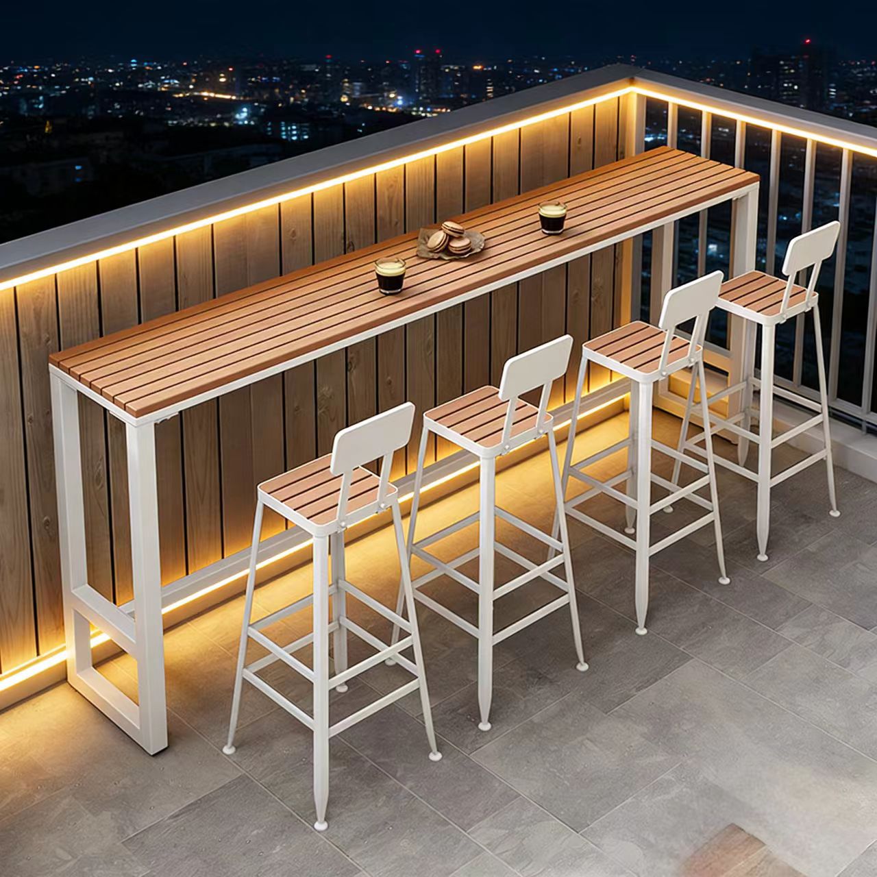 露台吧台桌椅组合咖啡店室外防腐防晒高脚窄桌户外阳台靠墙长条桌