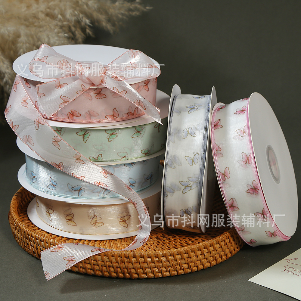4cm彩色蝴蝶纱带 鲜花花束包缎带手工diy蝴蝶结饰品装饰织带现货