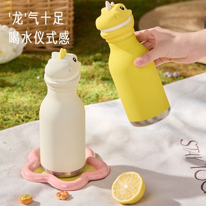 火爆跨境亚马硅胶霸王龙恐龙316不锈钢保温杯卡通动物头创意水杯