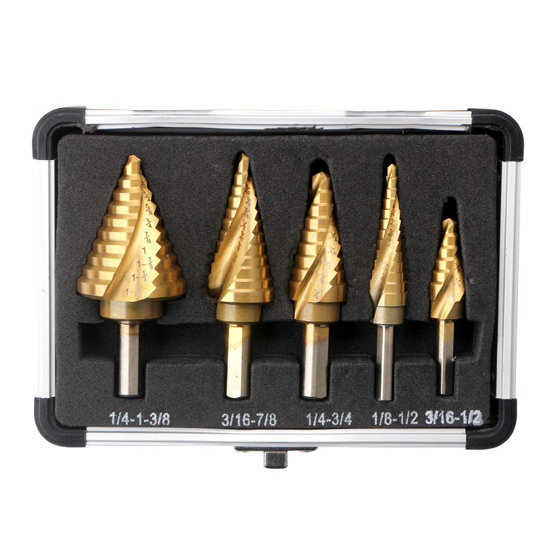 British standard 5-piece aluminum box set of step drill, step drill bit 5pc black and yellow pagoda drill multi-functional drilling tool Item Picture