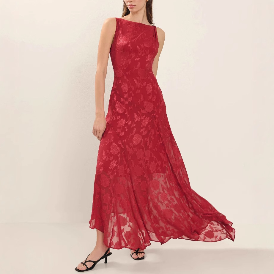 New style of European and American summer lace backless slimming jacquard red irregular dress for women in 2025 foreign trade Application Scenario