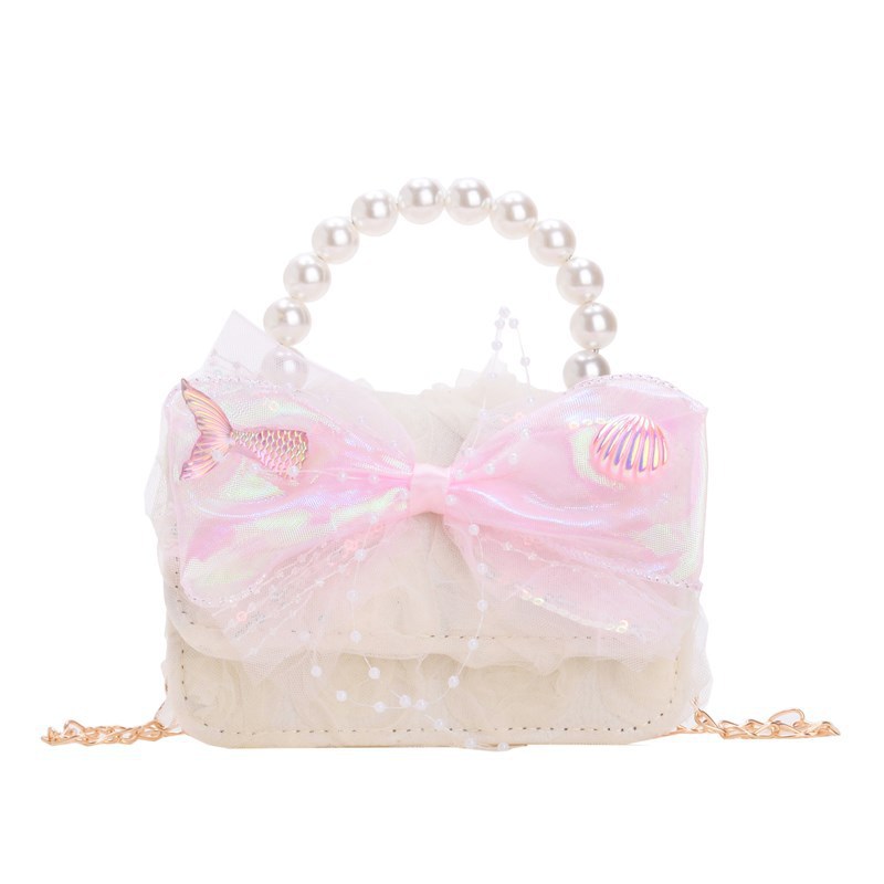 Pink, purple and beige pearl handle mini bag with bow decoration, fashionable and small handbag, trendy and versatile for women Item Picture