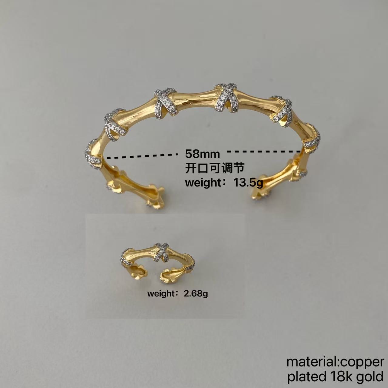 双色电镀 镶钻 竹节手镯戒指套装 轻奢交叉X钻开口套装饰品货源 Application Scenario