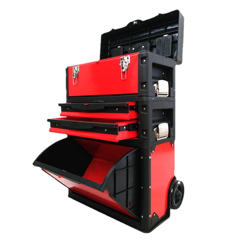鐵皮塑料工具拉桿箱工具車三層組合式拉桿工具箱五金工具箱多功能白底實(shí)物圖