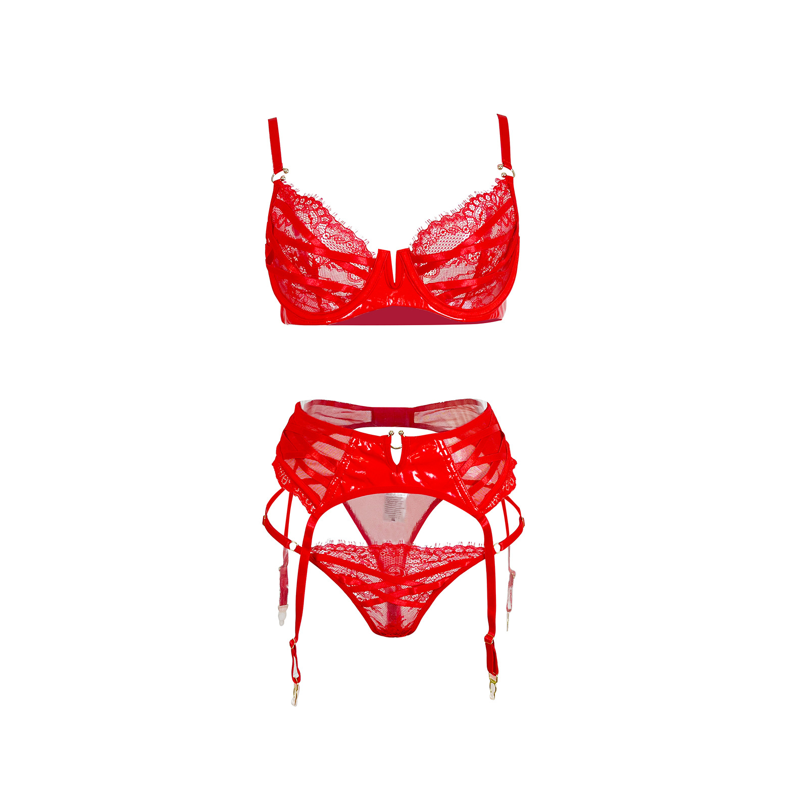 Red lace patchwork underwear three-piece set, memory soft steel ring sexy bra, underpants and garter set JR069 Item Picture