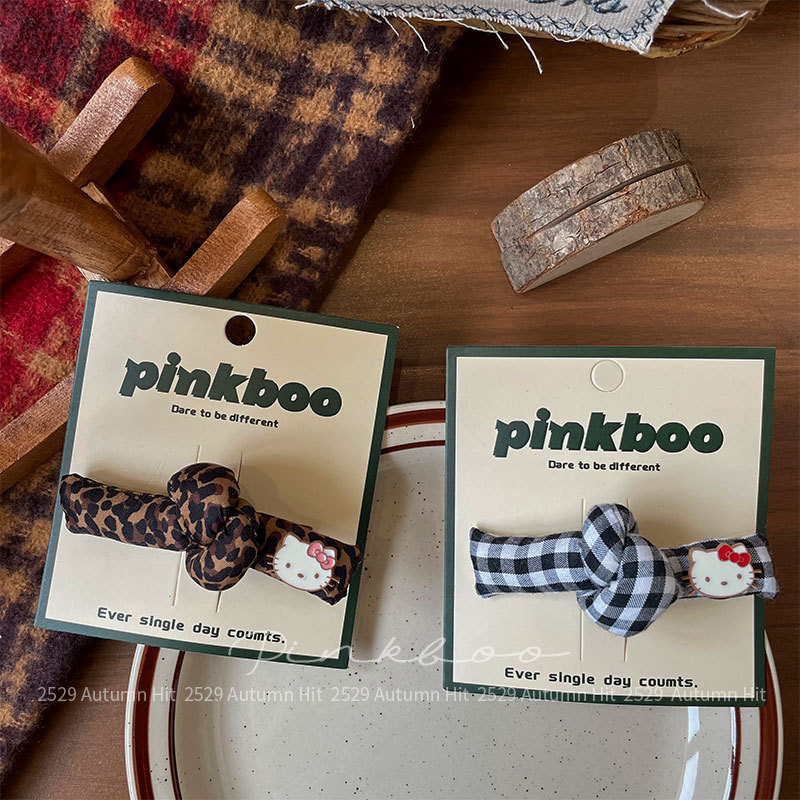 New Korean-style checkered bow kt hair clip for girls, leopard print side fringe clip, cute hair accessory for girls, kt decorative knot-shaped hair clip, checkered/leopard print style, fashionable, cute and personalized headwear for girls details Picture