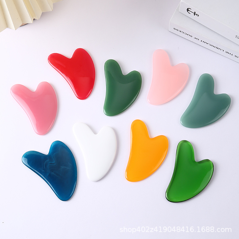 Manufacturer's resin heart-shaped health care tools, facial meridian gua sha contouring board, massage device wholesale, care, health care and conditioning