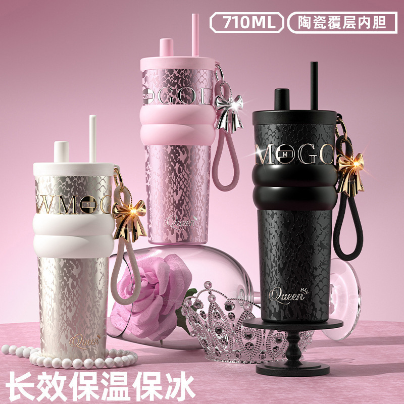 跨境大容量不锈钢保温杯手提绳便携汽车杯高颜值女吸管冰霸杯子