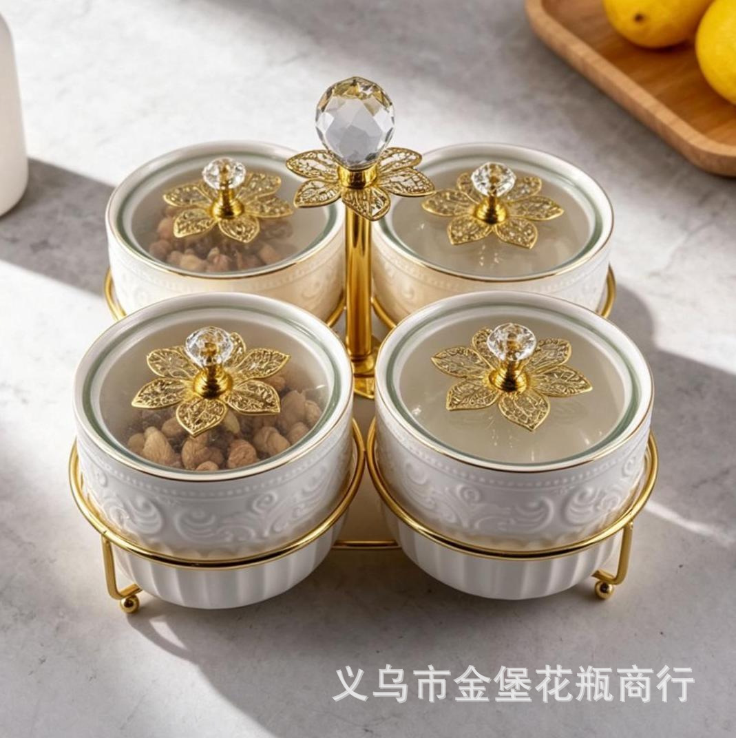 Black, white and green multi-color ceramic dried fruit compartments box, crystal top knob, golden floral decoration coffee table, snack storage, fruit plate