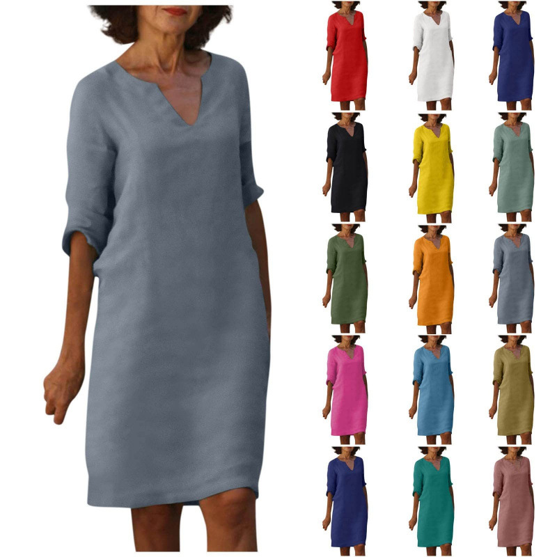 Summer 2026 Amazon European and American cotton and linen V-neck patchwork retro high-waisted solid color three-quarter sleeve dress cotton and linen wash full figure