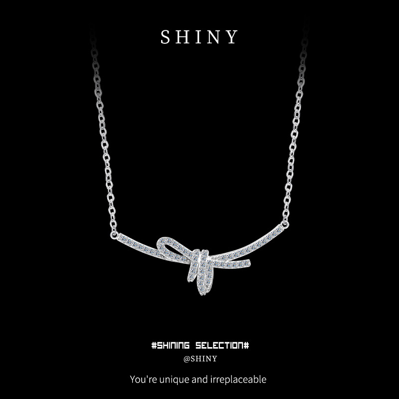 S925纯银丝带结锁骨链女蝴蝶结项链轻奢风设计高级感吊坠毛衣链