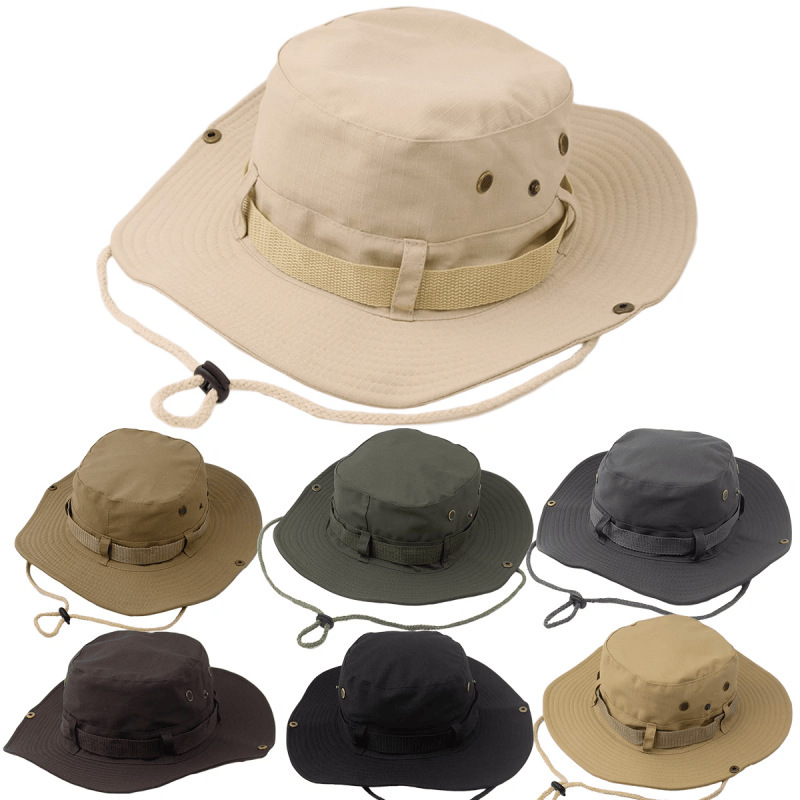Western cowboy hats, men's and women's drawstring all-season wide-brimmed sun hats, outdoor fishing and mountaineering trendy fisherman hats Item Picture