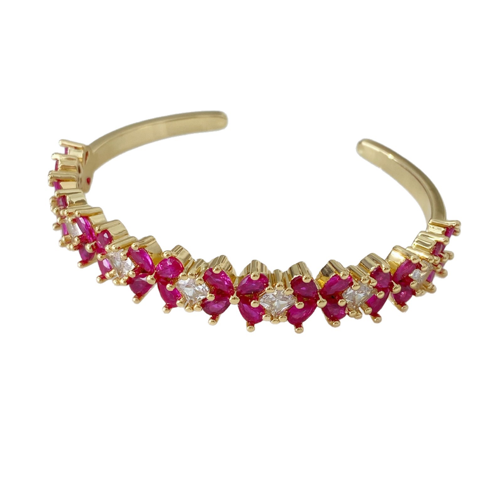 Cross-border high-end copper inlaid zircon four-leaf clover flower ring bracelet, European and American color zirconium full diamond C-shaped bracelet set, copper micro-inlaid wristband Item Picture