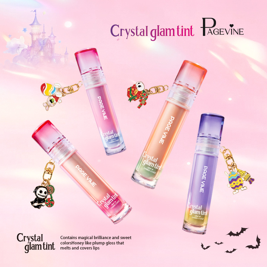 跨境PAGE VINE镜面水晶唇油水润唇蜜水光口红纯欲唇釉不沾杯外贸