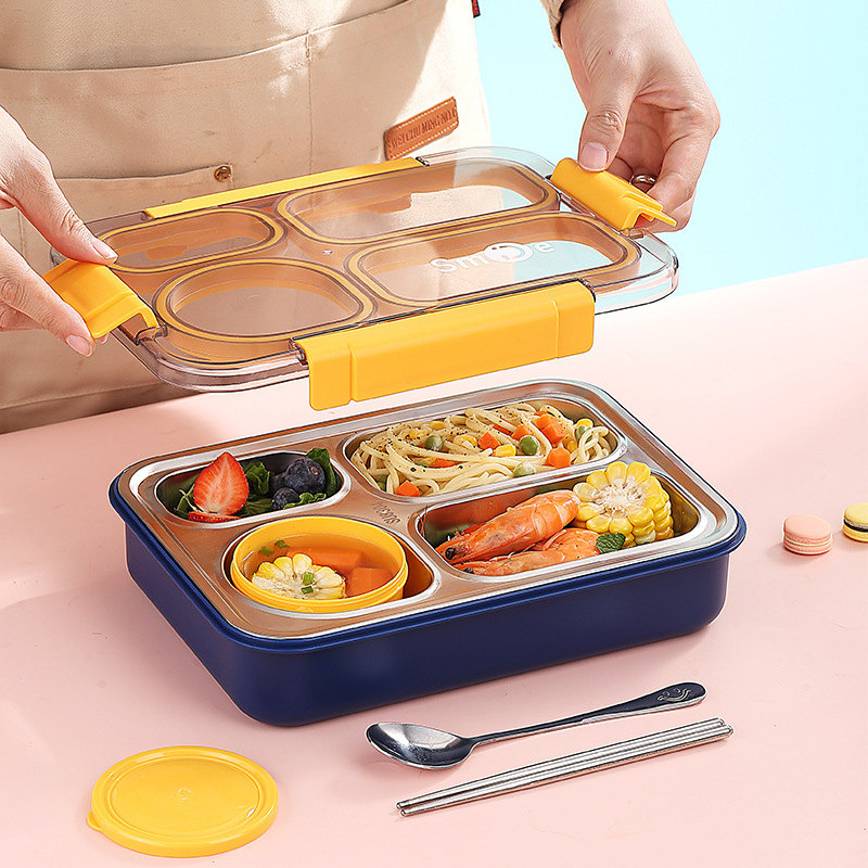Cross-border best-selling independent sealed stainless steel 4-compartment lunch box with bowl, no cross-flavor student white-collar lunch box details Picture