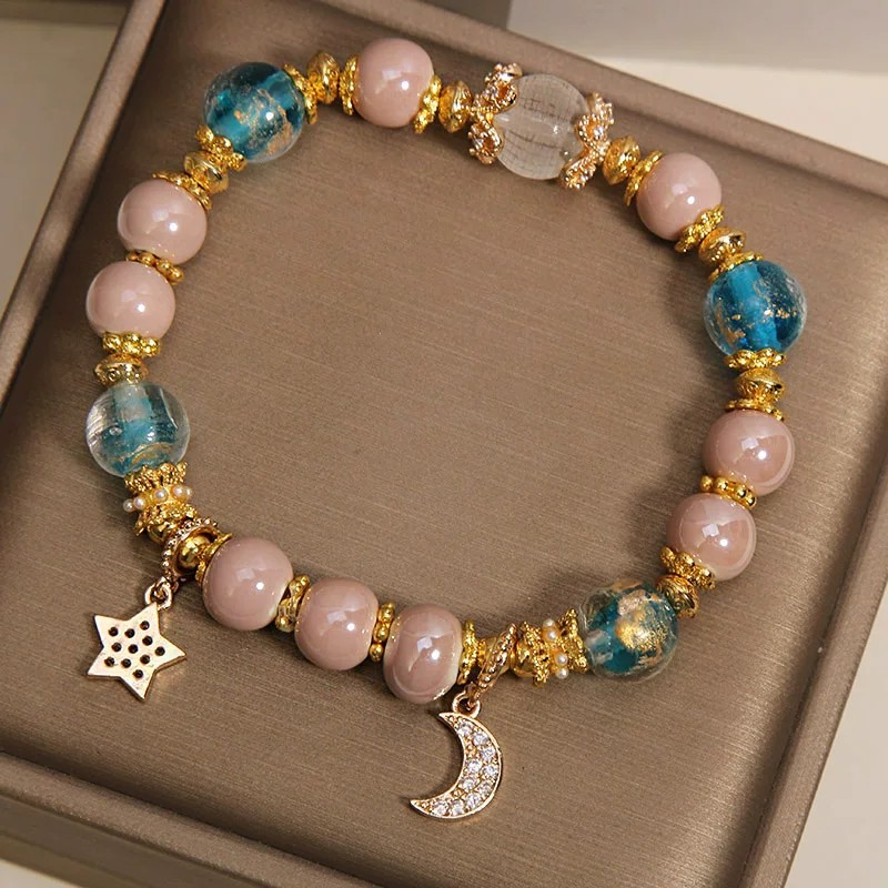 Ancient-style incense ash glass bracelet for women, light luxury, niche, exquisite and high-end. Star and moon pendant bracelet, a gift for your best friend Item Picture