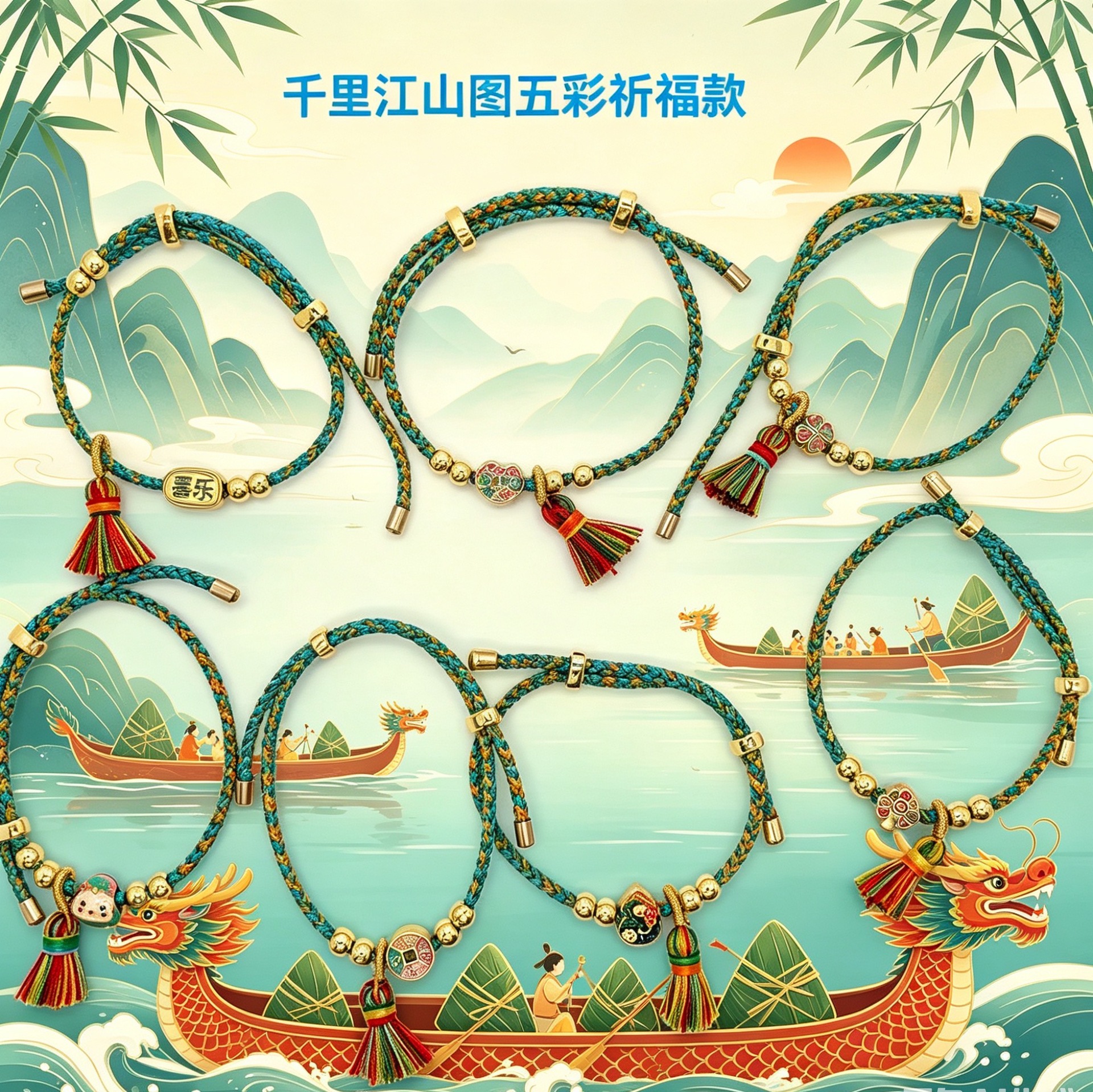 千里江山图国潮五彩手绳 手工编织可穿珠端午国风手链