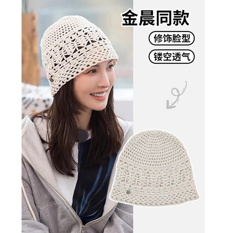 Pure hand-woven headband hat for women, spring and summer thin, breathable and hollowed-out knitted hat, lace artistic pullover, pile hat