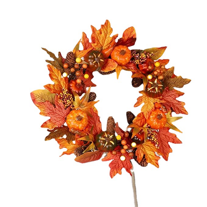 厂家定制秋季南瓜枫叶花环感恩节万圣节门饰花环藤条藤圈家居装饰白底实物图