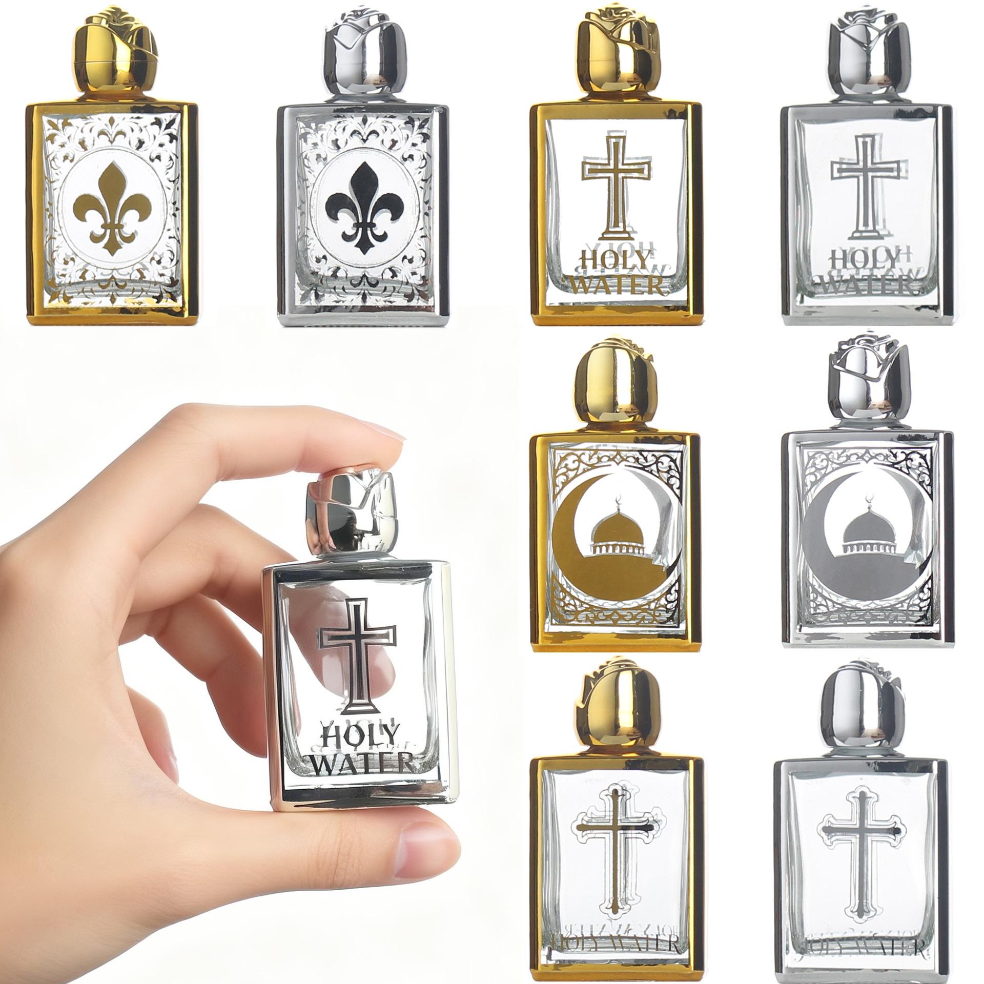 Cross-border 15ml electroplated UV perfume bottle, baptism holy water bottle, rose luxury embossed gold essential oil glass bottle Item Picture