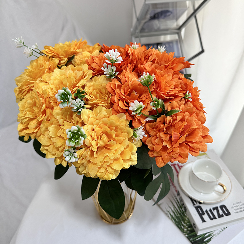 新款婚庆地排路引插花9头富贵菊仿真涂层布材质假花批发厂家直销