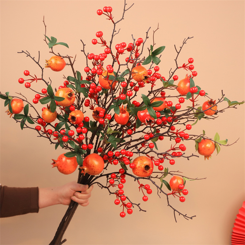 Pomegranate flower, artificial flower arrangement, Holly, red fruit, money fruit, persimmon, New Year decoration, dried flower bouquet for New Year's Eve