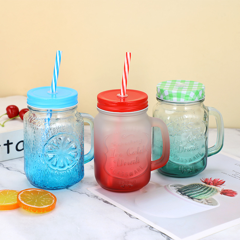 Mason glass cup with straw handle, creative juice glass water cup, gradient frosted colored glass water cup Specification image