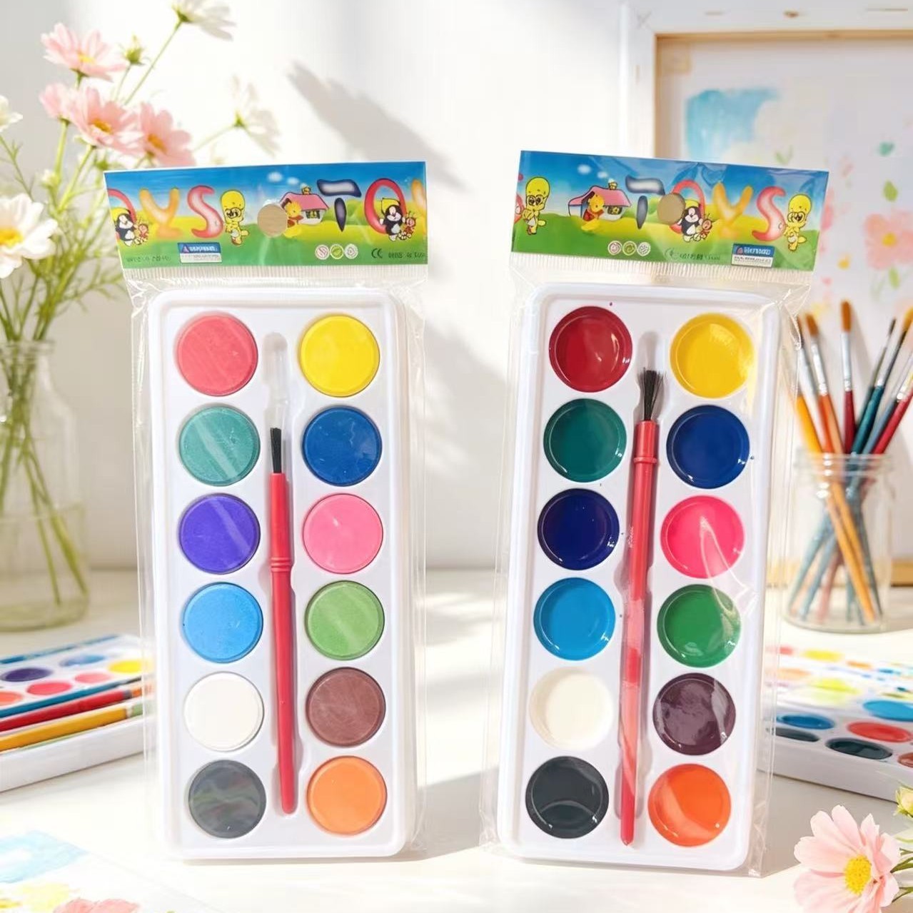 Cross-border best-selling 12-color solid powder compact, bubble shell watercolor paint, student sketching and painting paint, washable paint