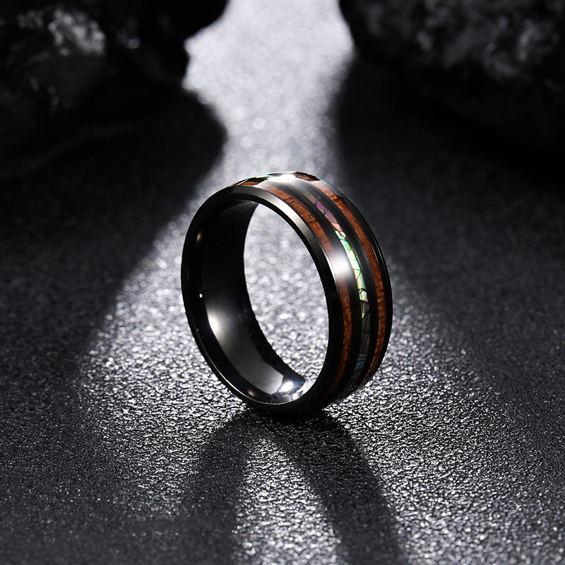 304 stainless steel European and American popular jewelry, natural element ring, Hawaiian acacia wood men's titanium steel ring Specification image